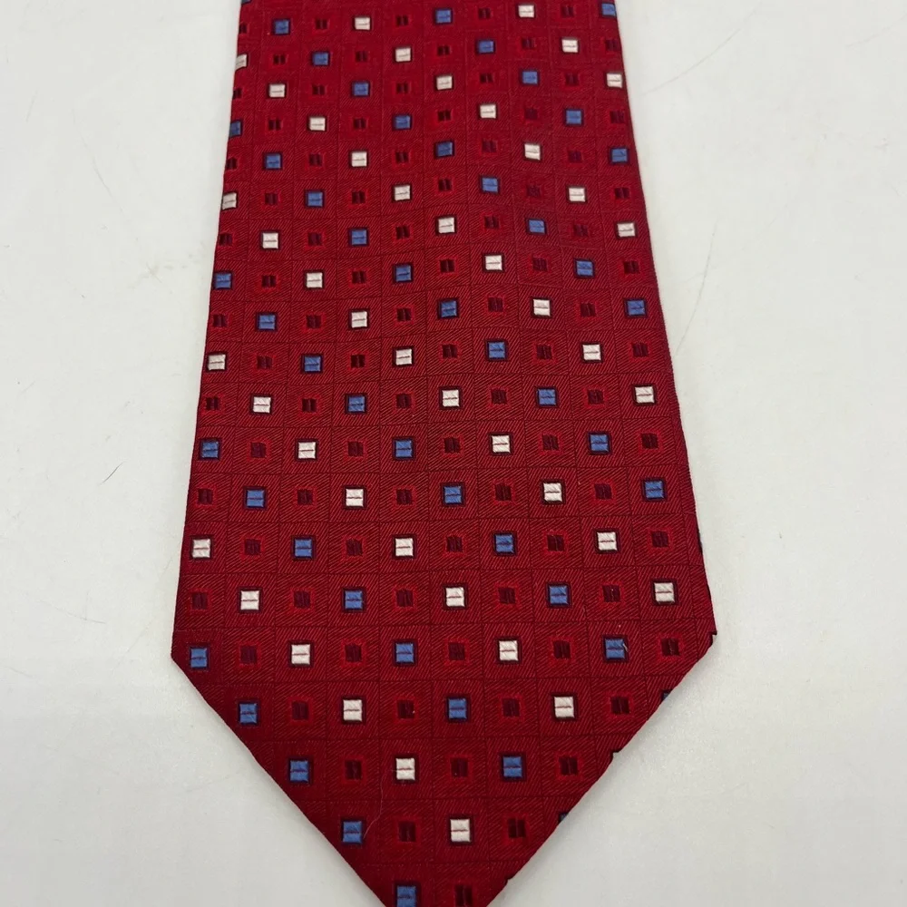 Calvin Klein 100% Silk Necktie Red White Blue Geometric Blocks Power Tie